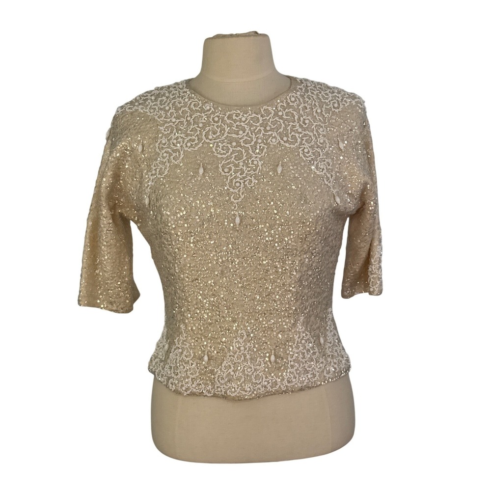 Helen Wong Beaded Sequin Top Ivory Sparkle 3/4 Sleeve Vintage Formal,‎ Back Zip,